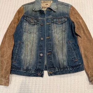 Cult of Individuality Blue Denim Jacket with Brown Sleeves
